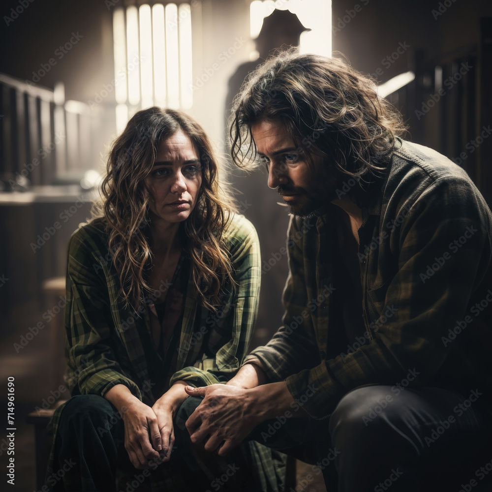 Sad young wife visiting husband in prison. Couple sitting in visiting room. Sad young wife visiting husband in prison. Couple sitting in visiting room.