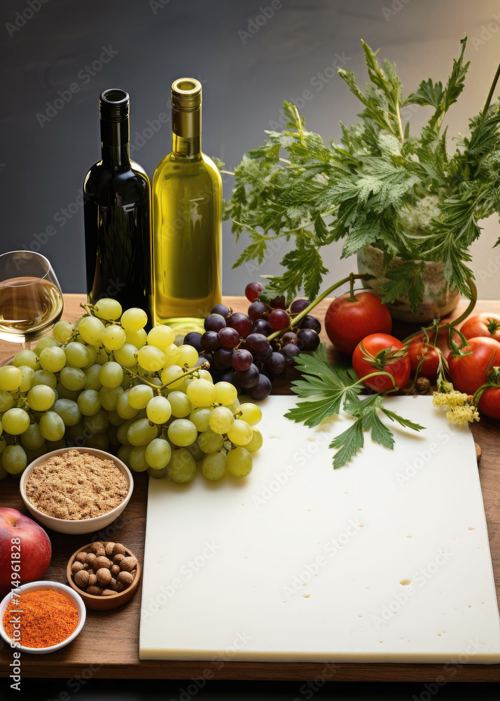 Obraz premium Still life with wine, cheeses and fruits on the table, top view. Copy space.