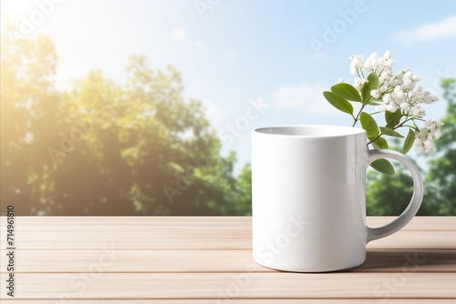 White coffee and tea mug mockup on sunlit table with ample room for customizable text insertion © firax