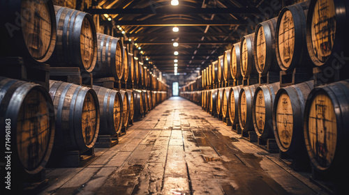 Whiskey, scotch, wine barrels in the aging room. Winery, storage cellar. photo