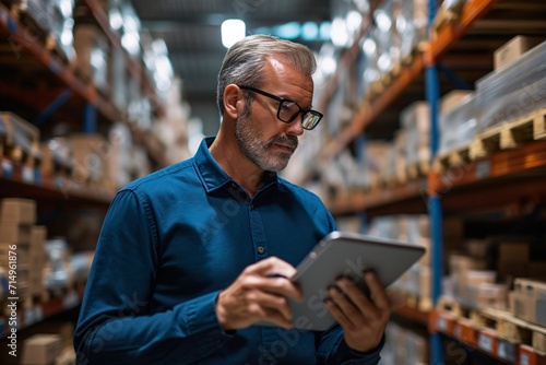 Man in a blue shirt looking at a tablet in a warehouse Generative AI photo