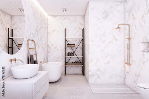 Modern white marble bathroom with geometric patterns and luxurious gold fittings. Clean  urban elegance. 3D Rendering