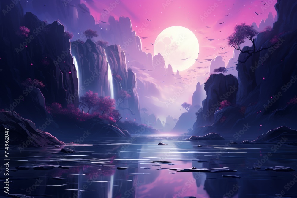 Serene moonlit waterfalls in Fantasy - Generative AI - obrazy, fototapety, plakaty 