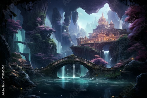 Serene moonlit waterfalls in Fantasy - Generative AI