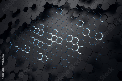 Abstract black hexagonal background. Landing page concept. 3D Rendering. photo