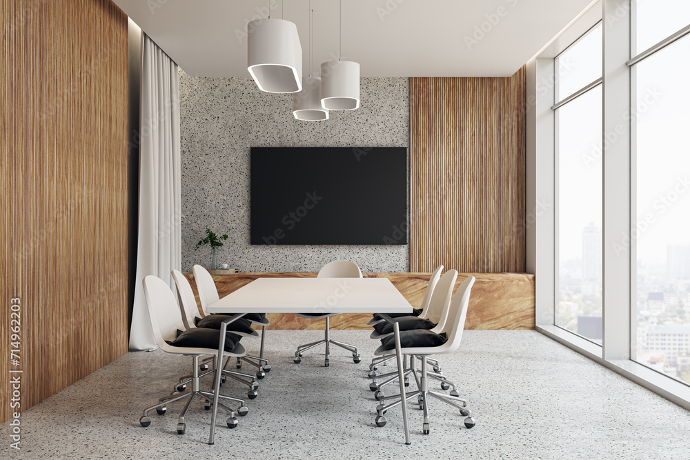 Modern wooden and concrete conference room interior with window and city view, curtains and empty black mock up banner on wall. 3D Rendering. Modern wooden and concrete conference room interior with window and city view, curtains and empty black mock up banner on wall. 3D Rendering.