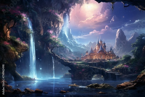Serene moonlit waterfalls in Fantasy - Generative AI © Sidewaypics