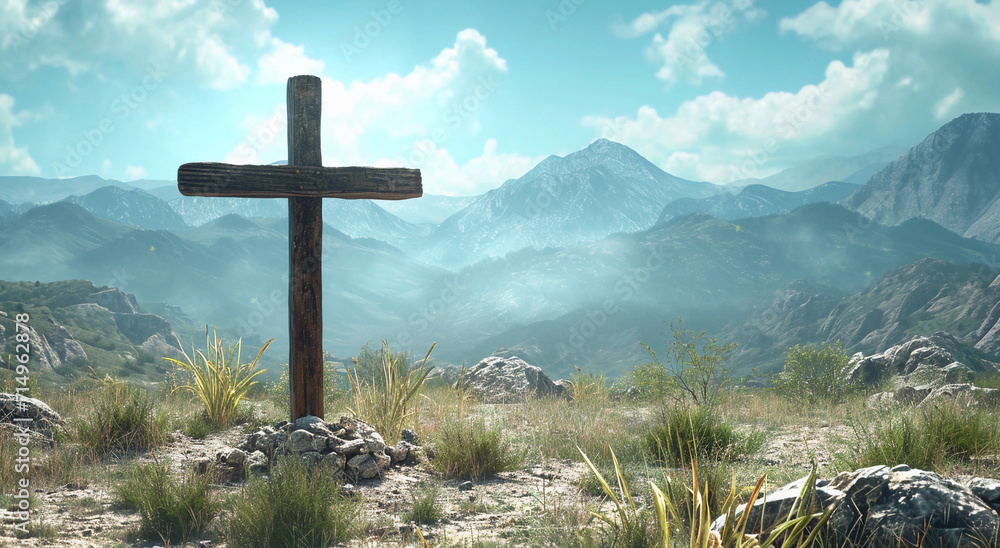 Wooden Cross on Grass Field, Symbolic Reminder of Faith in Natures Beauty Wooden Cross on Grass Field, Symbolic Reminder of Faith in Natures Beauty