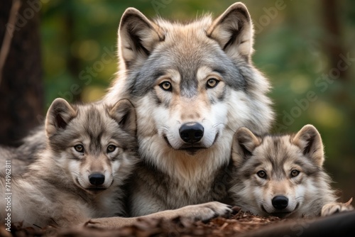 gray mother wolf with her cubs  litter cozy cuddles together in her burrow. wildlife  motherhood in animals. brood.