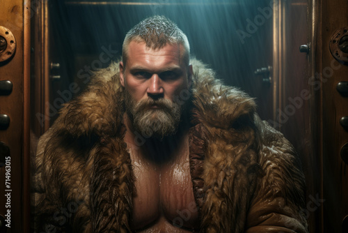 portrait of a bearded, round-faced mature man in a wet fur coat with drops of sweat on his skin. broad shoulders, powerful chest. It's hot in the room.