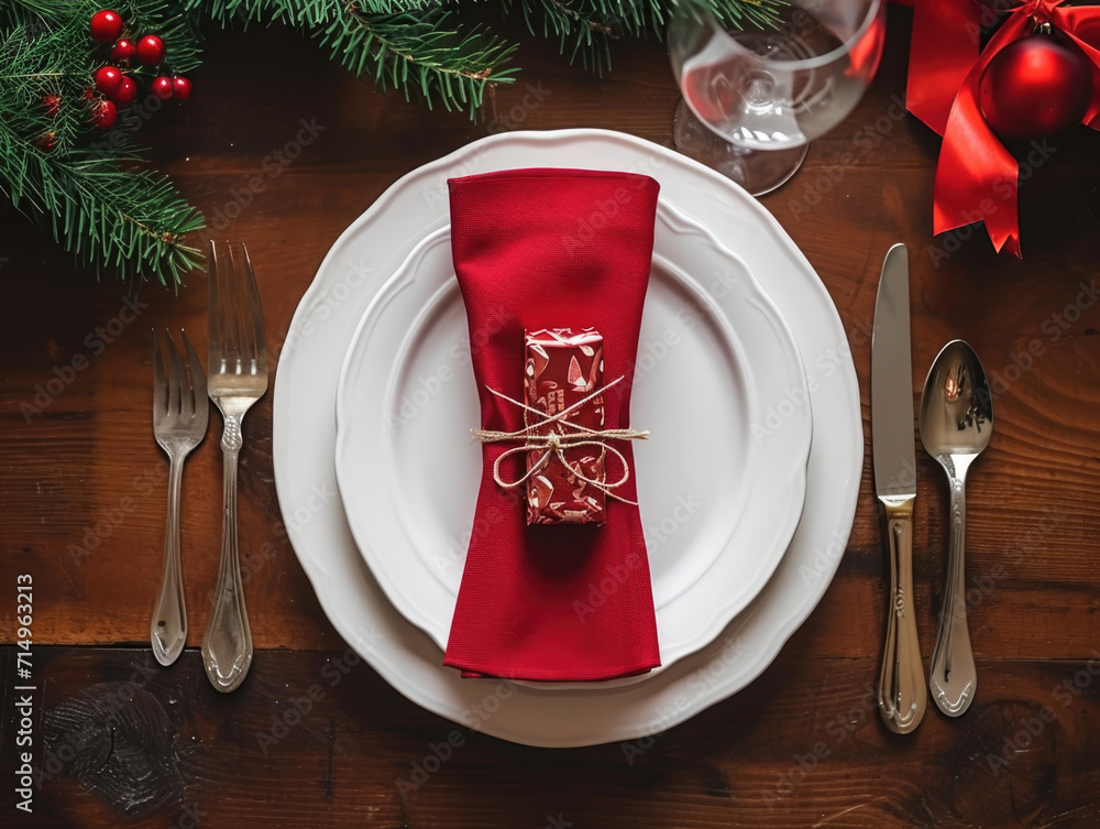 Minimalistic Christmas Table Setting with Red Napkin Minimalistic Christmas Table Setting with Red Napkin