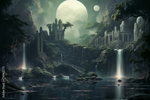 Serene moonlit waterfalls in Fantasy - Generative AI