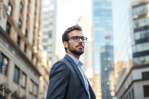 Businessman in Suit and Glasses Standing in Street © koala studio