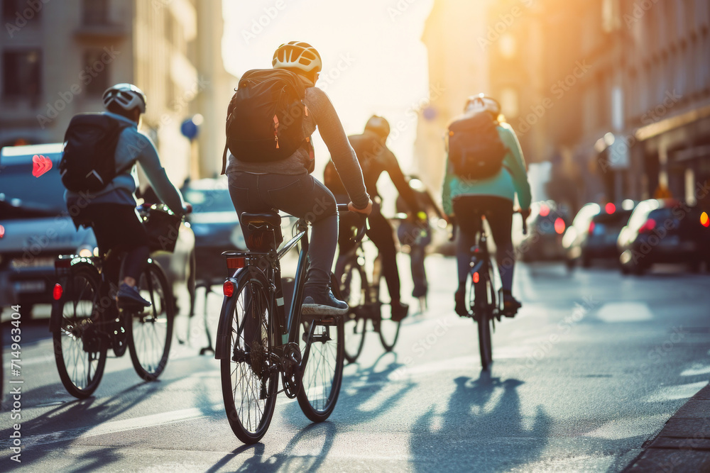Fototapeta premium Group of People Riding Bikes Down a Street