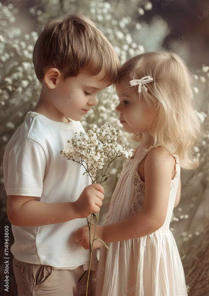 A boy gives a girl a bouquet of flowers in a romantic setting A boy gives a girl a bouquet of flowers in a romantic setting