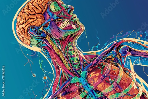 A colorful illustration of a human skeleton with a brain and teeth Generative AI