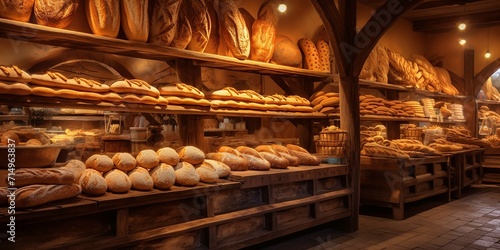 The aroma of freshly baked bread fills the air in a cozy bakery, where rows of golden loaves are displayed on wooden shelves photo