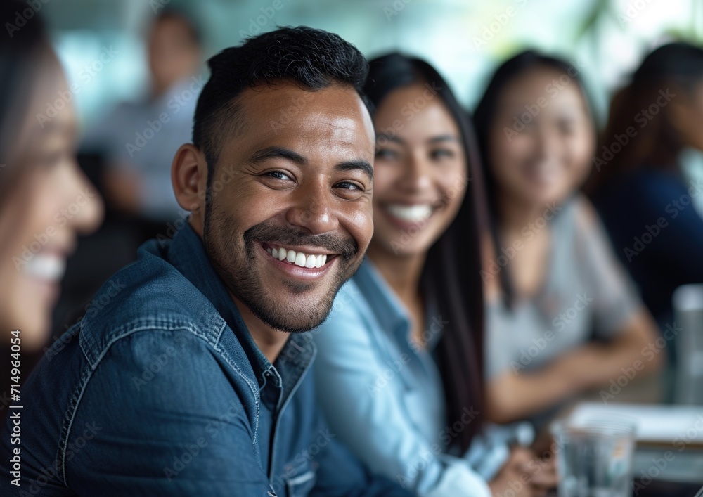 Coworkers in casual clothes, sitting at a table, having fun at a work meeting Coworkers in casual clothes, sitting at a table, having fun at a work meeting