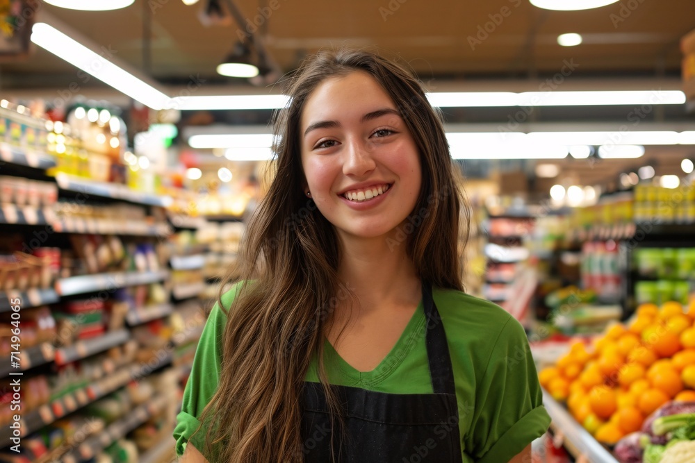 A smiling woman in a green shirt and apron standing in a grocery store Generative AI