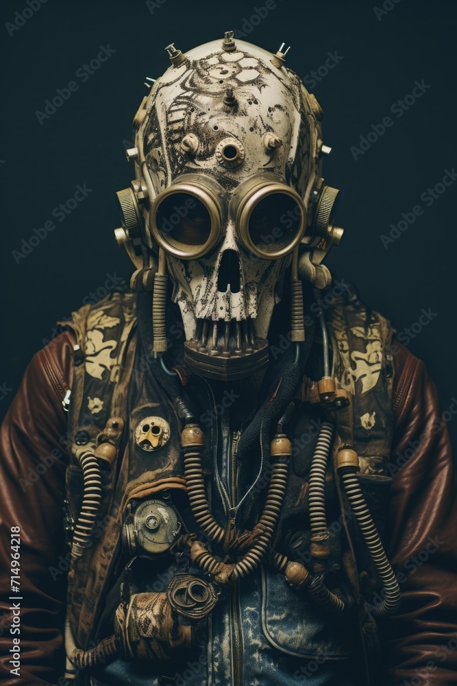 A portrait man wearing a helmet in the style of salvagepunk, made of skulls
A portrait man wearing a helmet in the style of salvagepunk, made of skulls