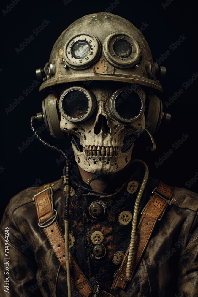 A portrait man wearing a helmet in the style of salvagepunk, made of skulls
A portrait man wearing a helmet in the style of salvagepunk, made of skulls