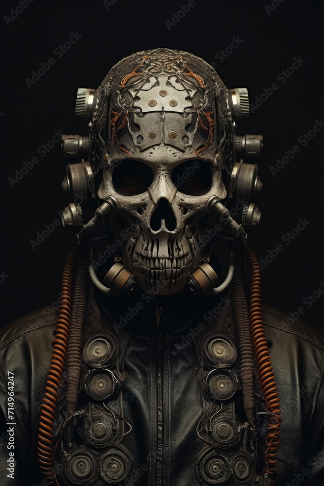 A portrait man wearing a helmet in the style of salvagepunk, made of skulls
A portrait man wearing a helmet in the style of salvagepunk, made of skulls