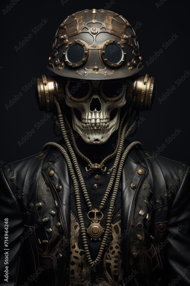 A portrait man wearing a helmet in the style of salvagepunk, made of skulls
