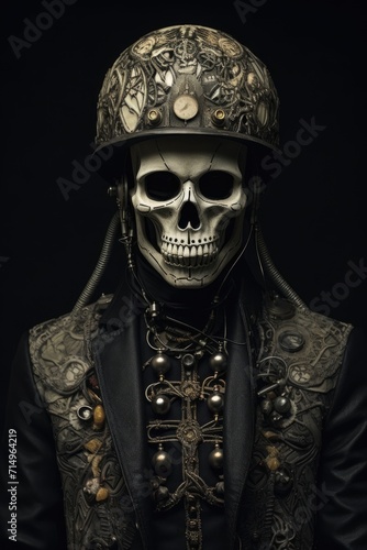 A portrait man wearing a helmet in the style of salvagepunk, made of skulls 