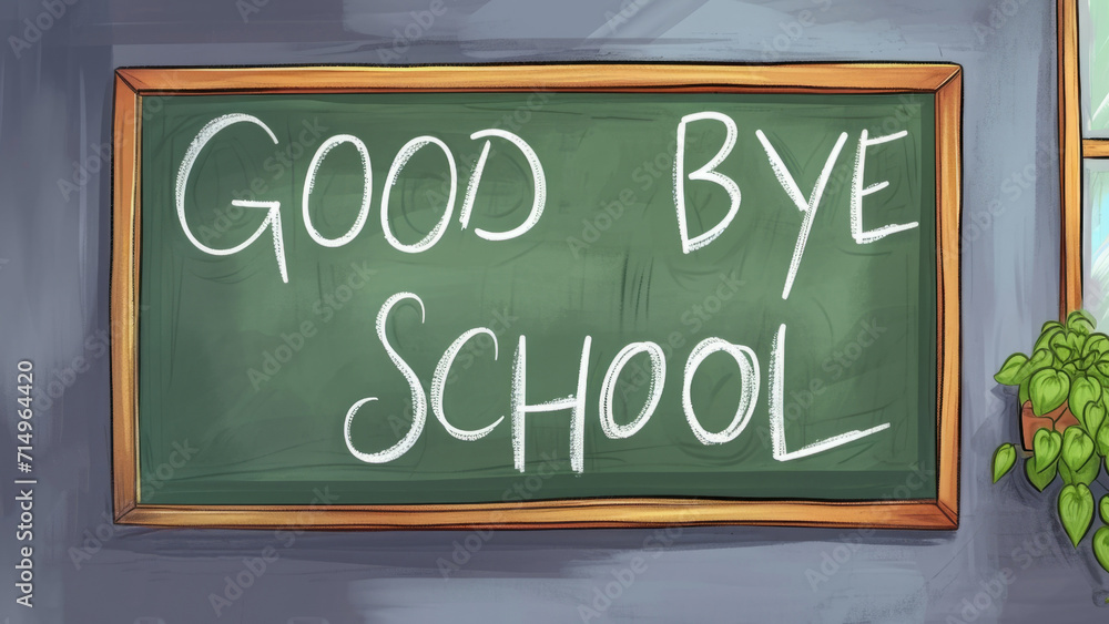 Fototapeta premium Goodbye school. Chalk inscription on the school green blackboard on the wall. graduation. end of the educational process, the academic year. beginning of the holidays.