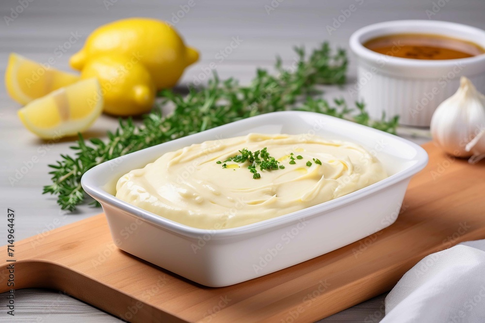 Traditional mayonnaise sauce in white ceramic bowl and ingredients for its preparation on white wooden background Traditional mayonnaise sauce in white ceramic bowl and ingredients for its preparation on white wooden background