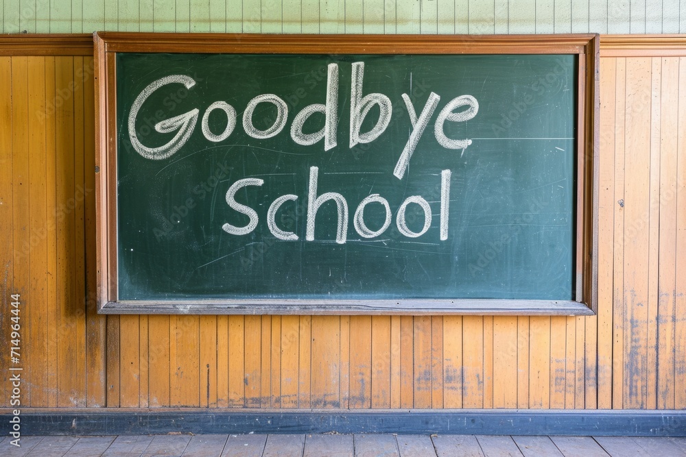 Goodbye school. Chalk inscription on the school green blackboard on the wall. graduation. end of the educational process, the academic year. beginning of the holidays.