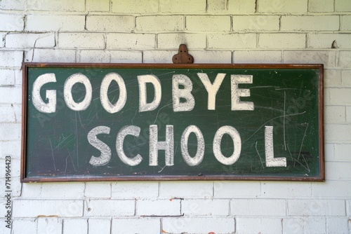 Goodbye school. Chalk inscription on the school green blackboard on the wall. graduation. end of the educational process, the academic year. beginning of the holidays. photo