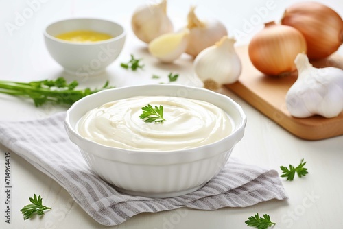 Traditional mayonnaise sauce in white ceramic bowl and ingredients for its preparation on white wooden background