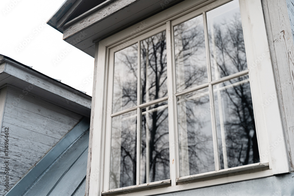 Beautiful window frames of the old building in which the trees are reflected, cloudy