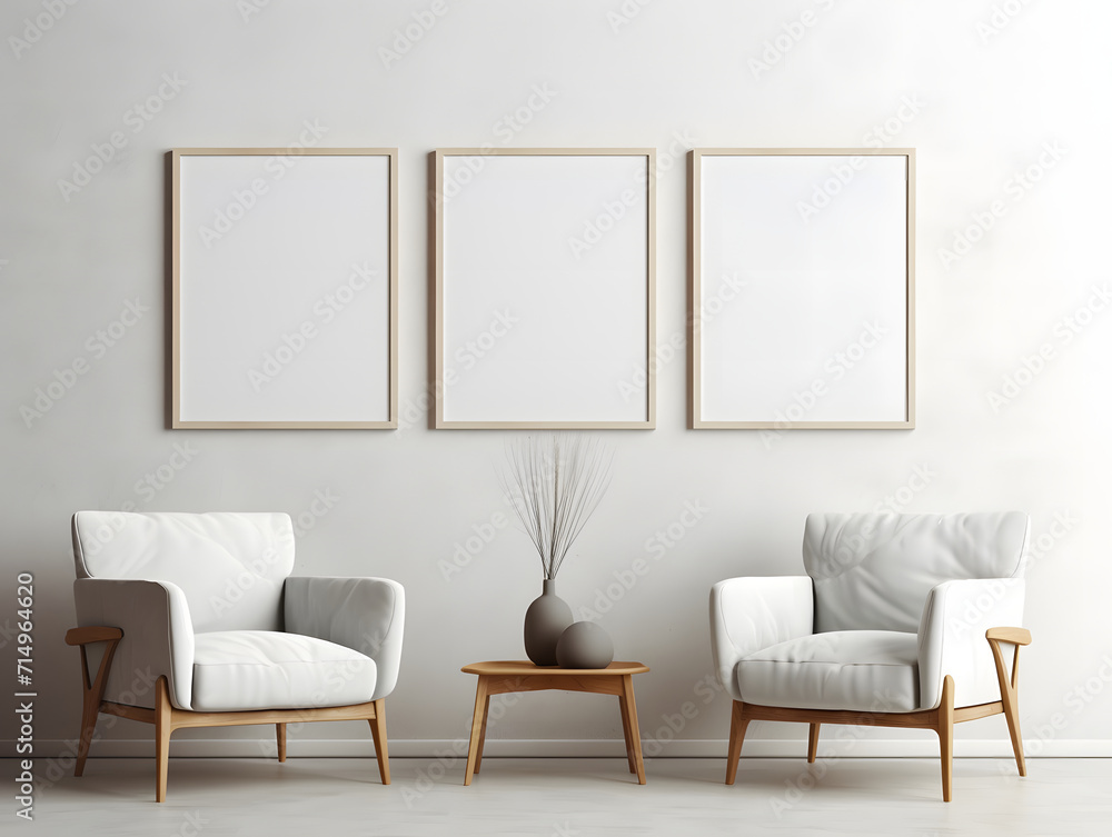 3D living room with three chairs and three blank white frame mockups 3D living room with three chairs and three blank white frame mockups