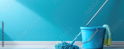 Blue mop and bucket on blue background. Household supplies. Spring cleaning, home cleaning, housework and hygiene concept. Minimalistic design for banner, poster photo