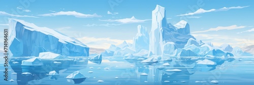 antarctic, blue iceberg floating in the ocean. blocks of ice in the water. cold winter landscape, banner. simplistic cartoon style. photo