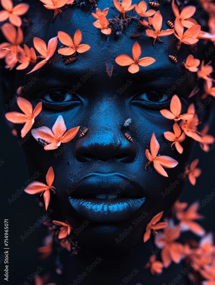 Ein Mann ist mit einer Blume mit rosafarbenen Blütenblättern auf seinem Gesicht gemalt, mit dunklem Orange und Azur