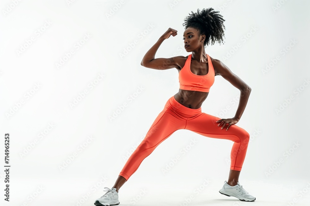 a black young woman training with aerobic exercises  in white background