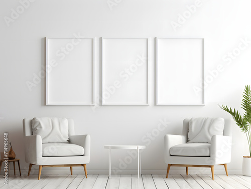 3D living room with three chairs and three blank white frame mockups