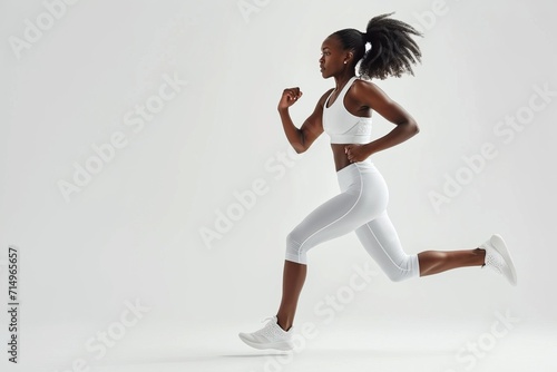 black woman wearing sport clothes running in white background