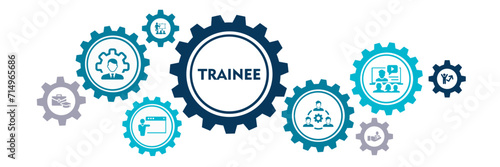 Trainee web banner icon vector illustration concept for internship training and learning program apprenticeship with intern, apprentice, training, mentor, support, cooperation and improve icon