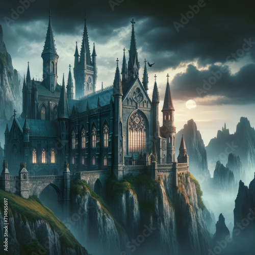 Gothic cathedral perched on cliff over misty mountains