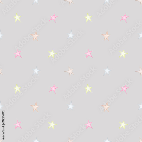 Delicate stars on a gray background. Seamless watercolor pattern. Children's party, baby shower, birthday. Design for wallpaper, cards, wrapping paper, stationery.