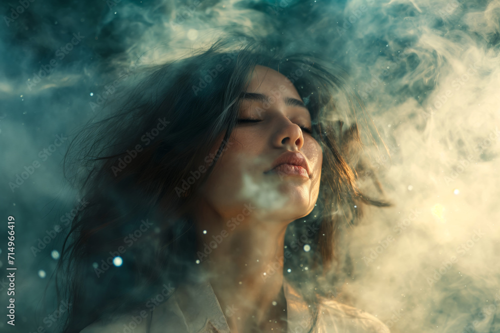 Woman with Ethereal Smoke and Light