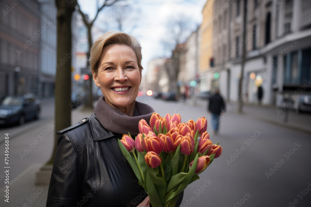 Fototapeta premium happy middle-aged woman with a bouquet of tulips walks along city street.