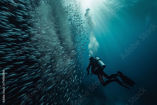 a scuba diver diving in the sea next to fish bank
