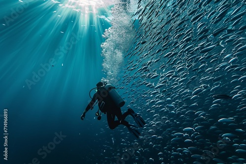 a scuba diver diving in the sea next to fish bank