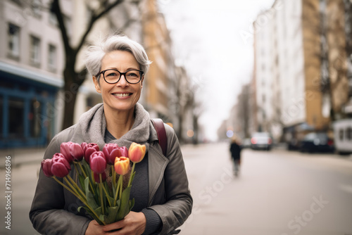 happy middle-aged woman with a bouquet of tulips walks along city street. photo