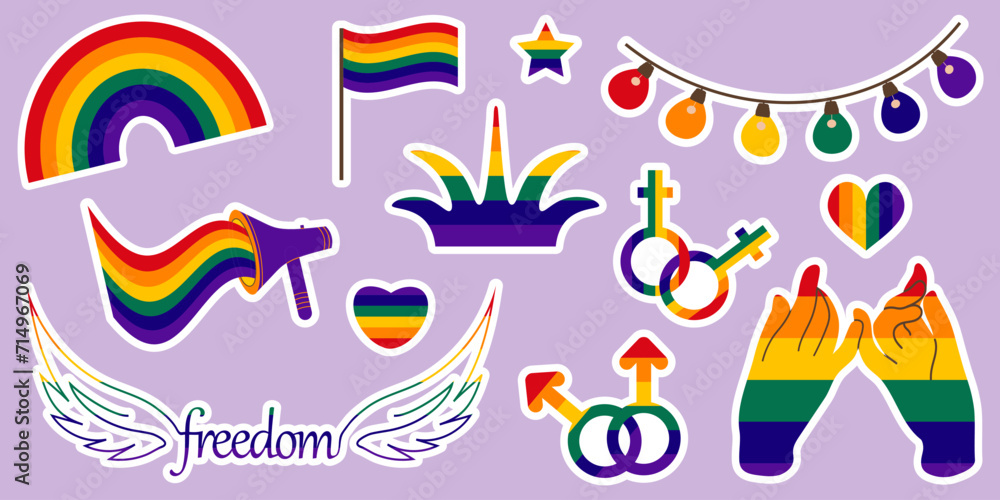 Naklejka premium LGBT sticker pack on blue background. LGBTQ set. Symbol of the LGBT pride community. Rainbow elements.